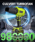 Cordless Leaf Blower With Turbo Power 980000 RPM Beast Mode electricity turbine, green handheld design in futuristic setting