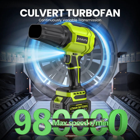 Cordless Leaf Blower With Turbo Power 980000 RPM Beast Mode electricity turbine, green handheld design in futuristic setting