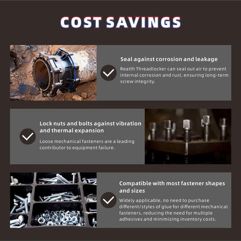 Cost savings benefits of using red high strength threadlocker for sealing rust and vibration resistance.