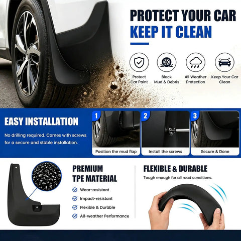 Close-up of Heavy Duty Car Mud Flaps For Tesla Cybertruck 2024, showcasing TPE material and easy installation steps.