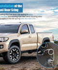 Installation instructions for Premium Heavy Steel Fuel Door Spring For Toyota Tundra 2007 To 2020, showing spring attached to fuel filler neck.