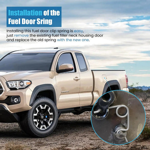 Installation instructions for Premium Heavy Steel Fuel Door Spring For Toyota Tundra 2007 To 2020, showing spring attached to fuel filler neck.
