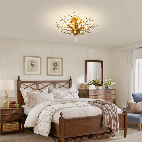 Crystal Chandelier Pendant Light With K9 Crystals, Vintage Gold Ceiling Fixture, 4 light showstopper pendant in a bedroom setting.