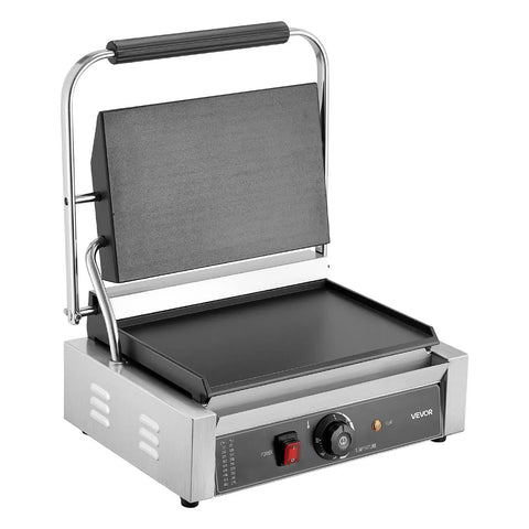 VEVOR Commercial Panini Grill 1800W Electric Sandwich Press with stainless steel body, non-stick enamel plates for burgers.