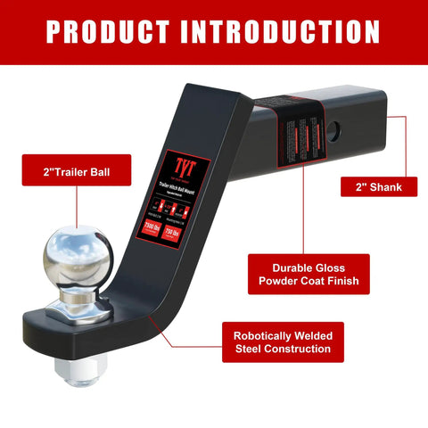 Trailer Hitch Ball Mount Kit With Four Inch Drop For Two Inch Receivers Includes Two Inch Ball.