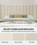 Queen Velvet Upholstered Bed Frame With Tufted Headboard showcasing color variations in bright, normal, and dim light.