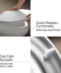 Person demonstrating Cachet Nightlight Soft Close Elongated Toilet Seat With ReadyLatch And Grip Tight Hardware Easy Above Bowl Installation