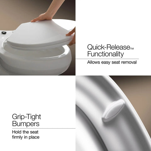 Person demonstrating Cachet Nightlight Soft Close Elongated Toilet Seat With ReadyLatch And Grip Tight Hardware Easy Above Bowl Installation