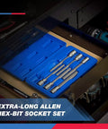 Three Eighths Inch Drive Extra Long Allen Hex Bit Socket Set, Ten Piece, Metric Sizes From Three To Ten Millimeters, Six Inch Shaft Length, Premium S2 Steel Bits, Heavy Duty CR V Sockets, Built Tough, Rust Resistant, ANSI Compliant in blue case