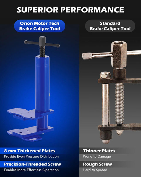 Front view of Orion Motor Tech Caliper Piston Compressor Tool with blue body, T-handle, and mounting plates