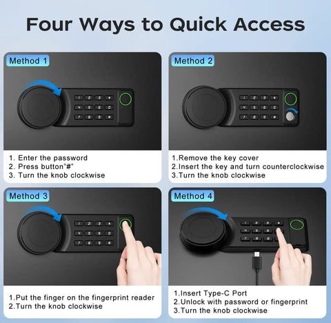 Beefy 1.7 Cubic Feet Digital Safe With Keypad And Override Keys showing four access methods with keypad and fingerprint