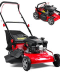 131cc Gas Lawn Mower That Is Self Propelled With Rear Wheel Drive 18 Inch Cutting Width 50L Grass Bag 3 In 1 Mulching Side Discharge Rear Bagging Lightweight Push Button Start Mower Built For Thick Slopes Red, red gas mower with bag
