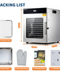 Heavy Duty Stainless Steel Food Dehydrator With Twelve Spacious Trays And A Rock Solid 800 Watt Motor, shown with accessories.