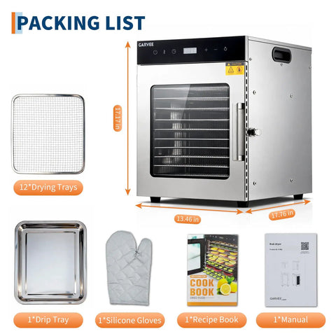 Heavy Duty Stainless Steel Food Dehydrator With Twelve Spacious Trays And A Rock Solid 800 Watt Motor, shown with accessories.
