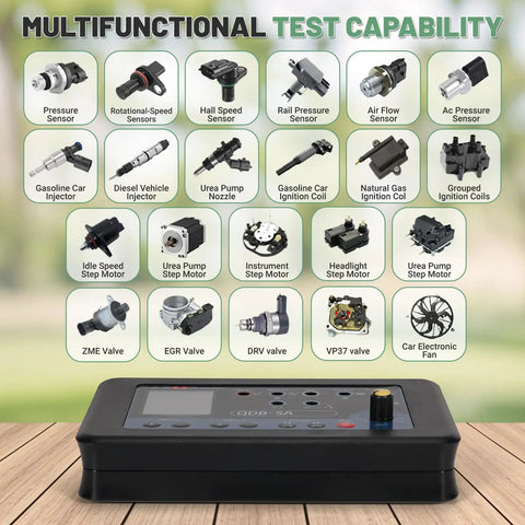 Multifunctional test capabilities display of the Upgraded QDB-5A Ignition Coil Tester With Oscilloscope and auto components.