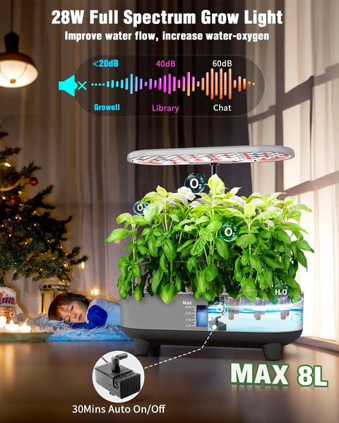 16 Pod Hydroponics Growing System Kit With 28W Full Spectrum LED Grow Light Auto Timer And 3 Smart Light Modes in a room.