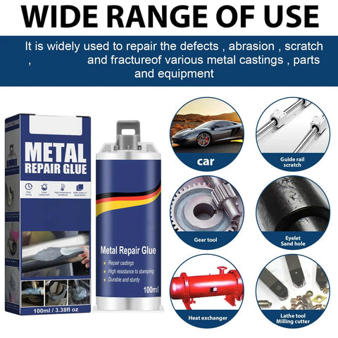 Rapid Foundry Glue For Metal And More Grab And Go Heavy Duty Repair Adhesive For Steel Iron Plastic Ceramic Wood Quick Set Heat Resistant Up To 150C 3 Piece Repair Kit with metal repair glue bottle and box with repair examples.