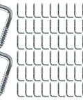 100 pack stainless steel L hooks and right angle screw eye hooks for home storage organization.