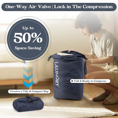 Woman using Travel Laundry Bag With Vacuum Compression For Dirty Clothes, Waterproof Wet Dry Storage shown compressed