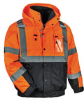 High Visibility Reflective Winter Bomber Jacket With Zip Out Fleece Liner ANSI Compliant, orange and black with reflective strips.