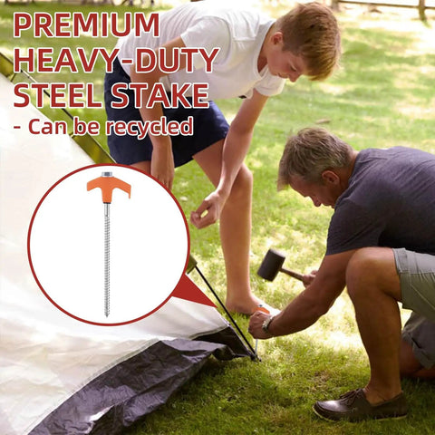Fifty Pack Eight Inch Screw In Tent Stakes Heavy Duty Ground Stakes With Hex Head Driver Metal Pegs Spikes For Camping Garden Yard Orange shown in use during tent setup outdoors.