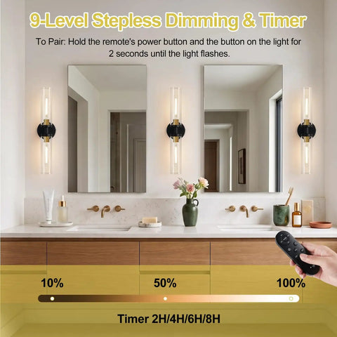 Battery Operated Wall Sconces Set of Two, Black and Gold Wall Light fixtures with Wireless Remote Control in modern bathroom.