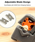 Two Piece Coax Cable Stripper Kit with adjustable dual blades, showing crimp tool for RG59 RG58 RG6 RG11, durable ABS, non-slip handle.