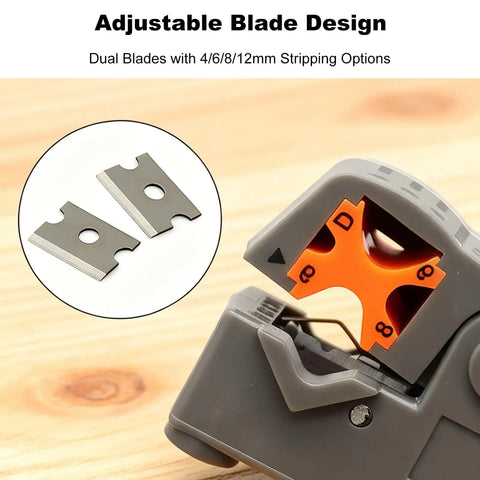 Two Piece Coax Cable Stripper Kit with adjustable dual blades, showing crimp tool for RG59 RG58 RG6 RG11, durable ABS, non-slip handle.