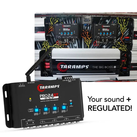 Bluetooth DSP Crossover For Car Audio With App Control 15 Band Graphic Equalizer 12 Presets 2 In 4 Out High Level Input Gain Up To 9V Wireless Phone Tuning For A Bangin Loud Clear Sound shown with Taramps PRO 2.4BT interface and Big Boss 8 amp