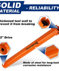 Limontek inner tie rod removal tool with 1/2 in drive tube; orange, shown from side and end views with 12 crowfoot adapters.