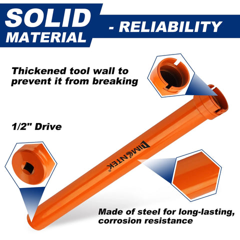 Limontek inner tie rod removal tool with 1/2 in drive tube; orange, shown from side and end views with 12 crowfoot adapters.