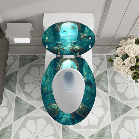 Elongated Resin Toilet Seat for Bathroom with vibrant sea turtle design, measures 14.5" x 18.5", enhances decor.