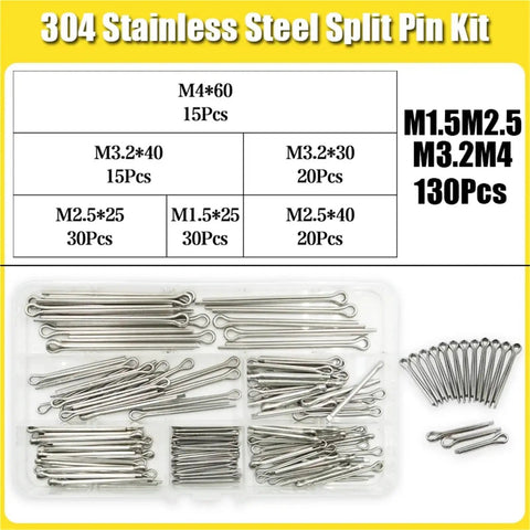 Heavy Duty Cotter Pin Assortment Kit 260 390 520 Pcs Stainless Steel 304 Split Pins In M1.5 M2.5 M3.2 M4 Sizes in clear box