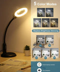 Go-To Hands Free Magnifier Lamp with Gooseneck Stand and LED Light, shown on desk, five color modes displayed.