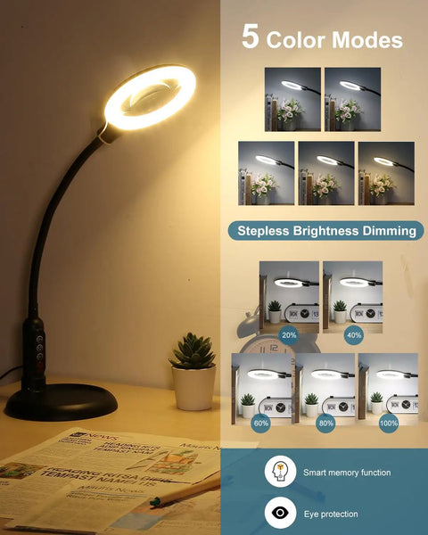Go-To Hands Free Magnifier Lamp with Gooseneck Stand and LED Light, shown on desk, five color modes displayed.