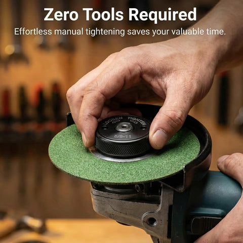 Hand using Self-Locking Knurled Arbor Nut Set for 4.5 and 5 Inch Angle Grinders, 5/8-11 Thread Spindle, No Wrench Needed for quick install.