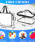 4 Packs Clear Storage Bags With Two Sizes PVC Reusable Storage Organizer With Zippers Waterproof And Dustproof Case For Board Games Travel Cosmetic Bag For Puzzles Building Stationery And Makeup Black, showing PVC bags with dimensions.