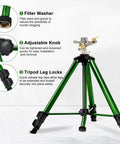Impact Sprinkler On Tripod Base 2 Pack For Lawn Yard Garden With 360 Degree Coverage, tripod features and adjustments visible