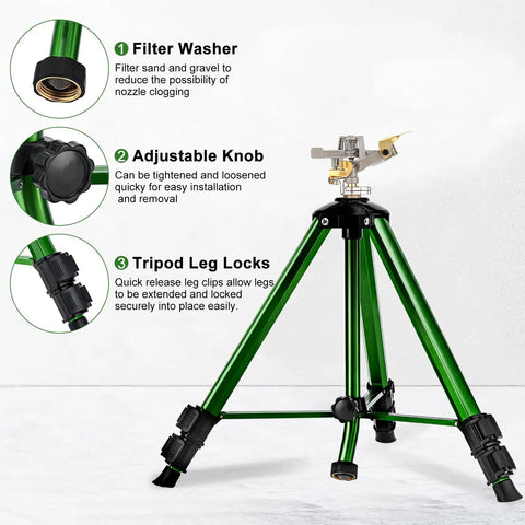 Impact Sprinkler On Tripod Base 2 Pack For Lawn Yard Garden With 360 Degree Coverage, tripod features and adjustments visible