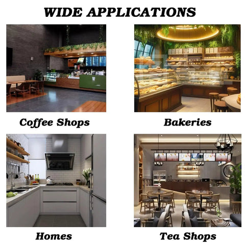 Wide applications of Slick Black Espresso Dump Bin in coffee shops, bakeries, homes, and tea shops showcasing versatility.
