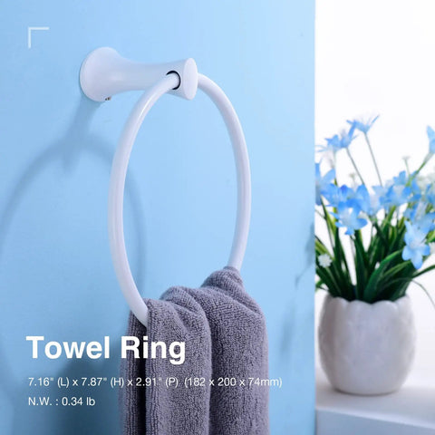 Heavy Duty 4 Piece Bathroom Hardware Set Wall Mounted White Stainless Steel Towel Ring with Gray Towel, Built To Last