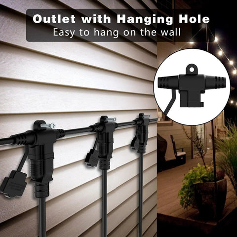 Outdoor Extension Cord With Six Outlets For Landscaping Lights And Holiday Decor 50 Ft Weatherproof 16/3 SJTW ETL Listed Black Cable hung on wall