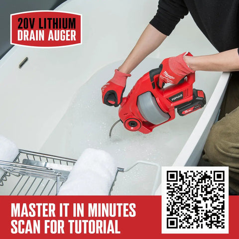Person using Cordless 25Ft Drain Auger Electric Snake Hair Clog Buster with Replaceable Shaft in bathtub