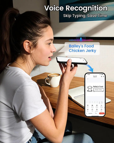 Young woman using voice recognition feature on smartphone for labeling with Super Duper Cool M110 Wireless Bluetooth Label Printer.