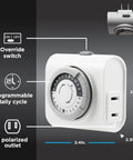 24 Hour Mechanical Outlet Timer Switch For Indoor Lights And Seasonal Decor Plug-In Single Polarized Outlet With Pushpin Dial