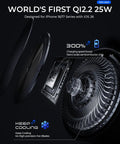 Qi2.2 25W MagSafe Car Mount Charger with Cooling Fan display, highlighting semiconductor chip and fan blades.