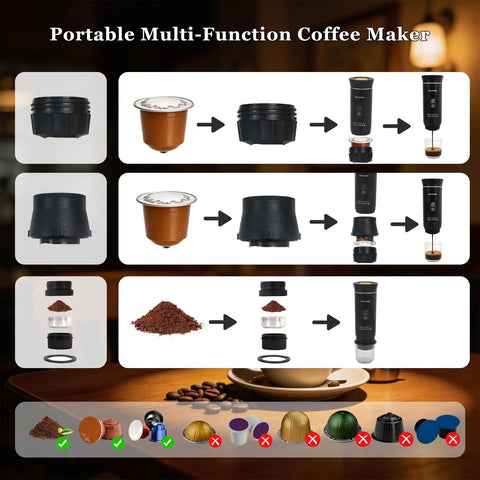 On The Go Portable Espresso Maker With Self Heating Battery Power, 3-In-1 Coffee Cup That Uses Ground Coffee Or Capsules diagram