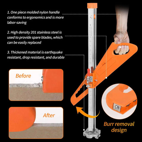Upgraded Drywall Cutting Tool With 2 Extra Replacement Blades And Extended Nylon Handle Foldable Sheetrock Cutter With 19 Built In Metal Wheels For Pro Grade Effortless Precise Dust Free Cuts Every Time showing ergonomic handle and burr removal design