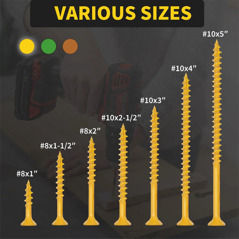 Display of various sizes of deck screws with epoxy coating, shown against a blurred background with a drill.