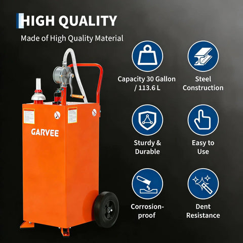 Orange 35 Gallon Fuel Caddy With Pump For Cars, Lawn Mowers, ATVs And Boats, Gasoline Diesel Storage Tank On Wheels